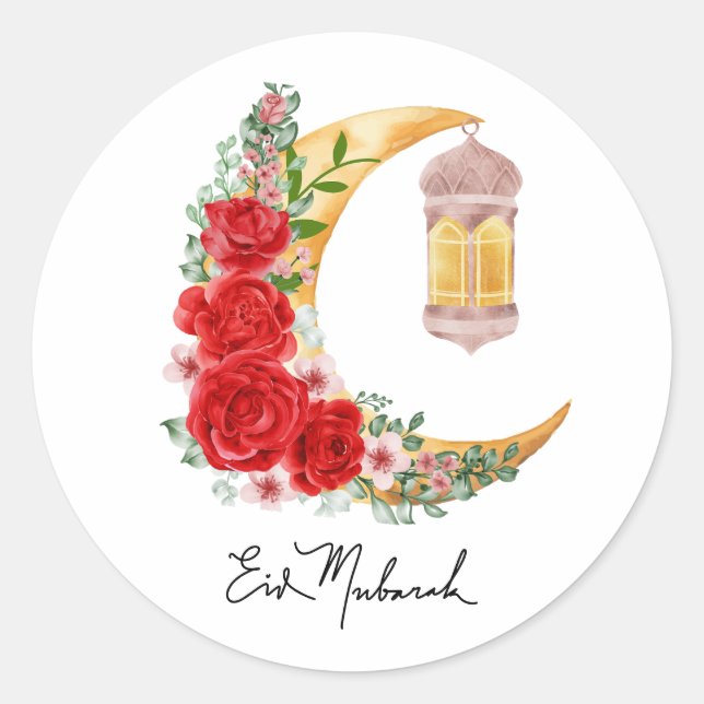Sticker Rond Aïd Moubarak Rose Floral Cresent Islamique Lantern (Devant)