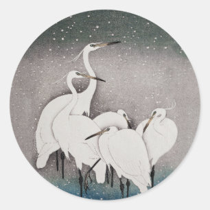 Sticker Rond Aigrettes de Koson dans la neige : vintage japonai