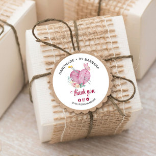 Sticker Rond Aiguilles à tricoter Cœur de laine Mignon Merci
