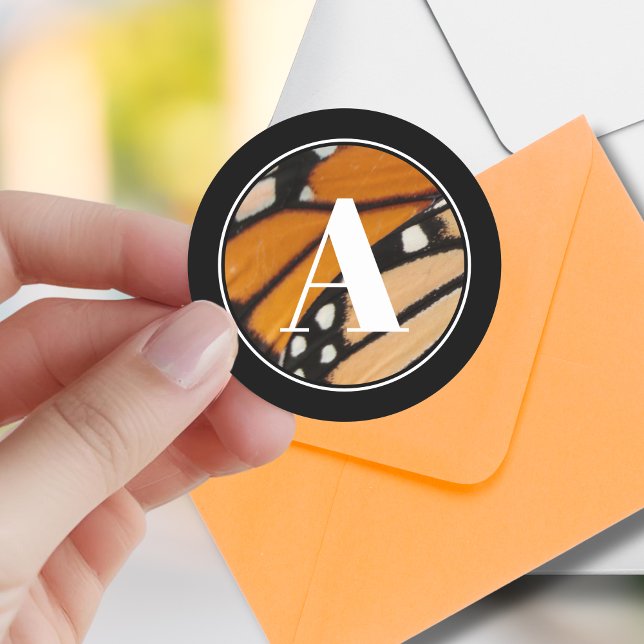 Sticker Rond Aile papillon monarque initiale orange et noir (Créateur téléchargé)