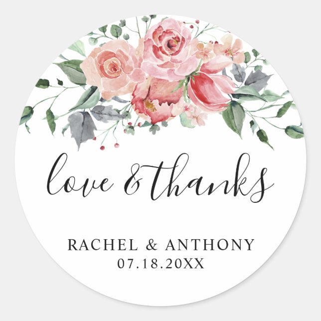 Sticker Rond Aimer & Merci Rose Rose Aquarelle Mariage Chic (Devant)