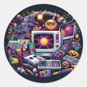 Sticker Rond Aire de jeu Retro Tech : une nostalgique Odyssée d