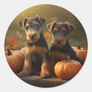 Sticker Rond Airedale Chiot Automne Citrouille délice