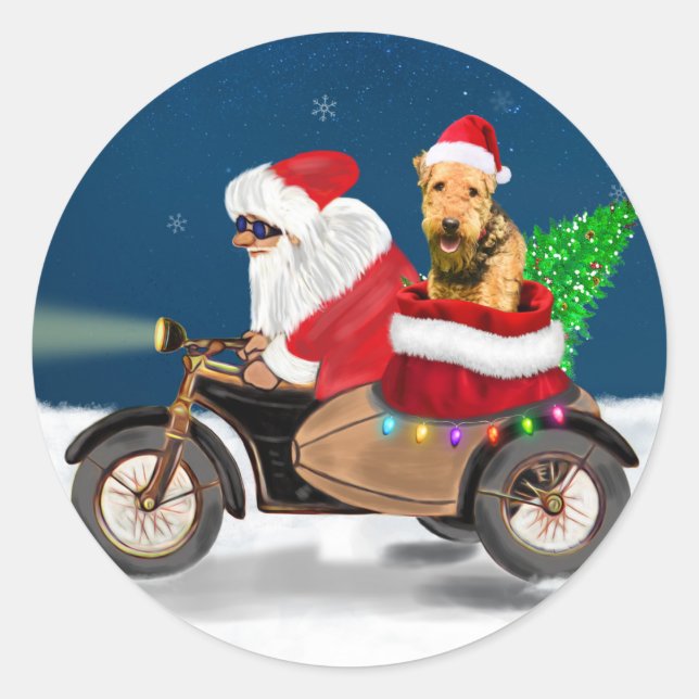 Sticker Rond Airedale Terrier Chien Noël Père Noël (Devant)