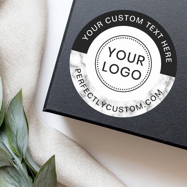 Sticker Rond Ajouter un logo en marbre noir bordure noire événe (Add logo text marble black border business event classic round sticker)