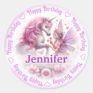Sticker Rond Ajouter un nom Joyeux anniversaire Fairy & Unicorn