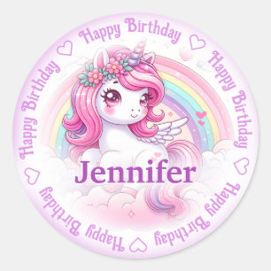 Sticker Rond Ajouter un nom Joyeux Anniversaire Unicorn