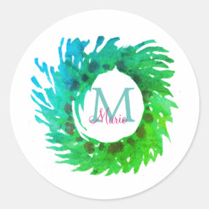 Sticker Rond Ajouter une couronne de Noël vert rose monogramme