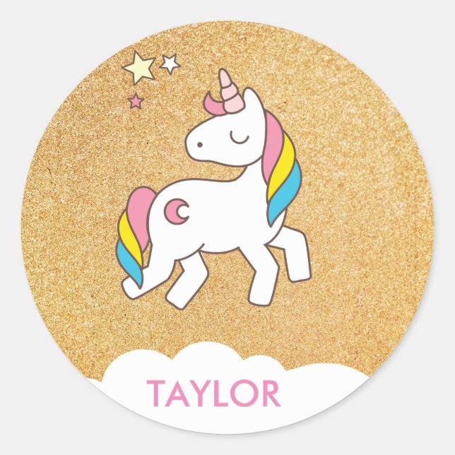 Sticker Rond Ajouter Votre Nom Cute Magique Unicorn Personnalis (Devant)