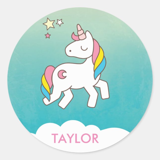 Sticker Rond Ajouter Votre Nom Cute Magique Unicorn Personnalis (Devant)