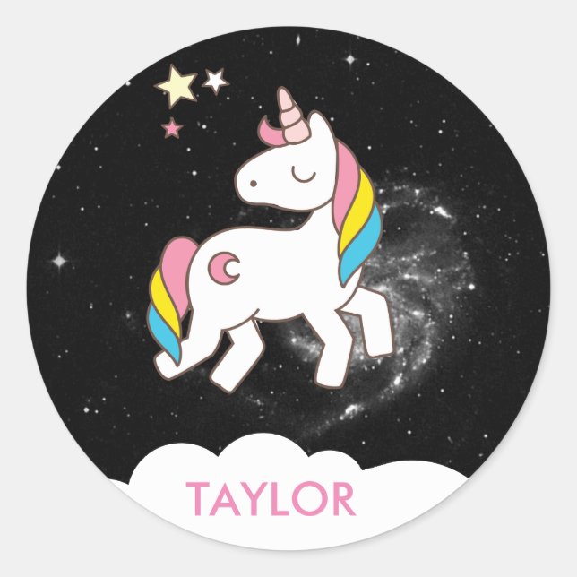 Sticker Rond Ajouter Votre Nom Cute Magique Unicorn Personnalis (Devant)