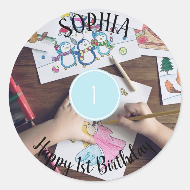 Sticker Rond Ajouter votre propre photo 1er Anniversaire Nom St (Devant)