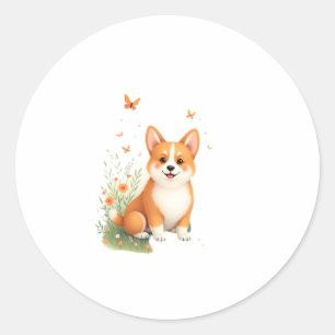 Sticker Rond Akita Chien avec Fleur et T-shirt Papillon