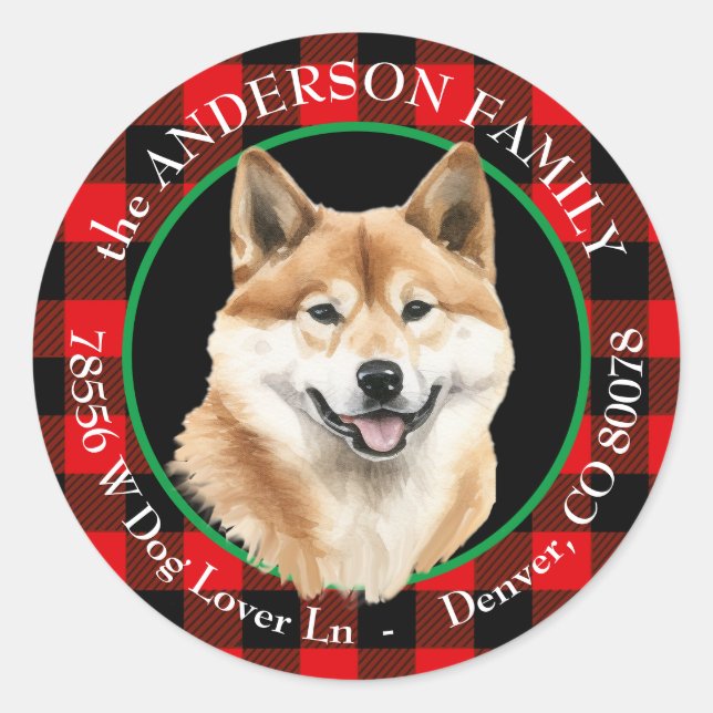 Sticker Rond Akita Inu Dog Buffalo Plaid Adresse de retour (Devant)