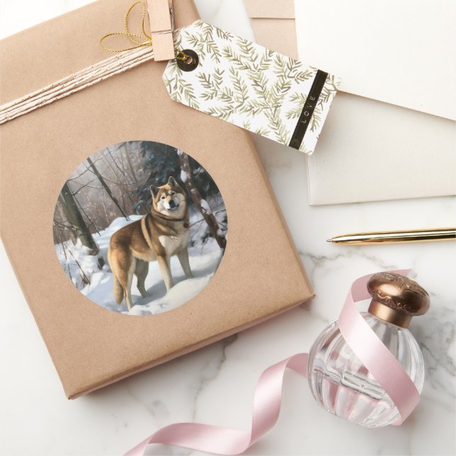 Sticker Rond Akita Laisser Neige Noël (Cadeaux)