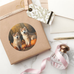 Sticker Rond Akita Puppy Citrouille d'automne