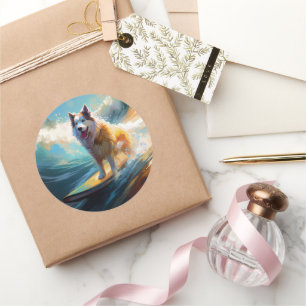 Sticker Rond Alaskan Malamute Beach Surf Peinture