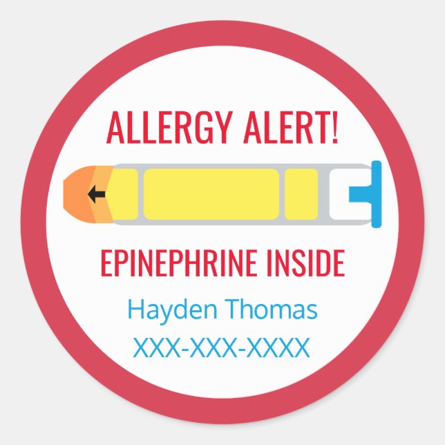 Sticker Rond Alerte d'allergie Customisée Épinephrine dans les  (Devant)