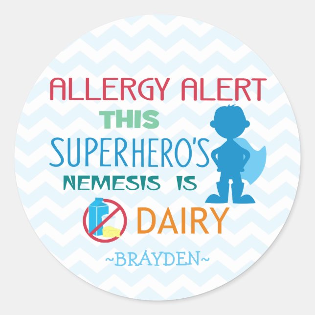 Sticker Rond Alerte d'allergie laitière Superhero Boy Blue Chev (Devant)
