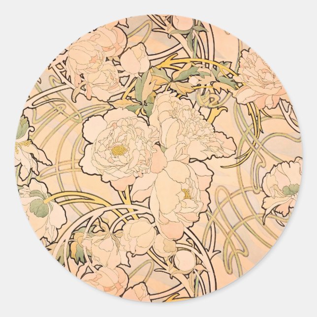 Sticker Rond Alfonse Mucha Art Nouveau Peonies (Devant)