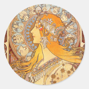 Sticker Rond Alfonse Mucha Zodiac Art nouveau femme