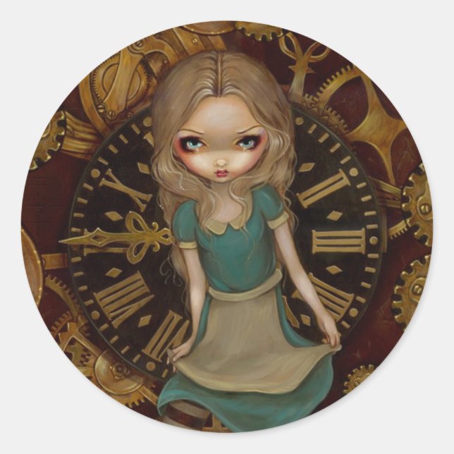 Sticker Rond Alice au pays des merveilles Alice dans l'horloge (Devant)