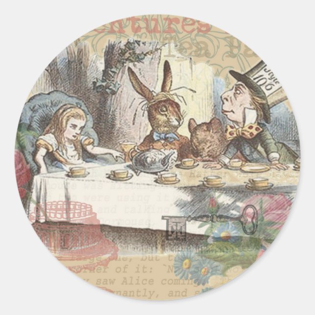 Sticker Rond Alice au pays des merveilles Mad Tea Party Art (Devant)