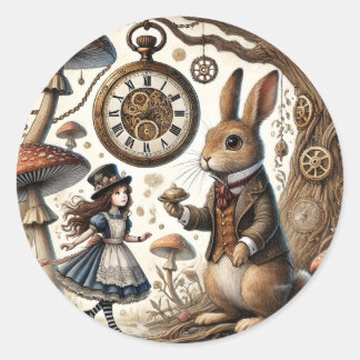 Sticker Rond Alice au pays des merveilles Thé Art lapin blanc