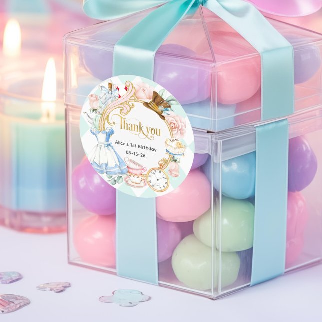 Sticker Rond Alice Onederland, Turquoise, fête d'anniversaire M (Teal, Alice Onederland thank you sticker)