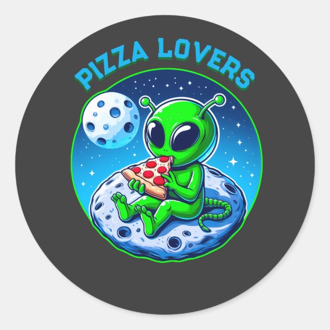 Sticker Rond Alien amoureux de la pizza sur la Lune | Cosmic am (Devant)