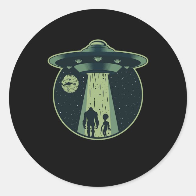 Sticker Rond Alien Bigfoot Sasquatch OVNI Enlèvement Aliens Cad (Devant)