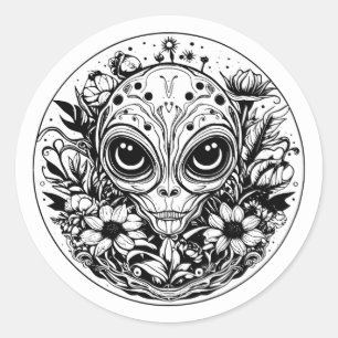 Sticker Rond Alien extraterrestre en Fleurs Noir et Blanc