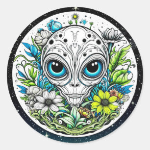 Sticker Rond Alien extraterrestre en Fleurs Starry Night