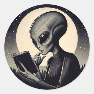 Sticker Rond Alien Femme Lecture Livre Art Vintage
