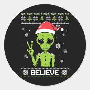 Sticker Rond Alien Sweater de Noël Croyez Funny Xmas Alien S