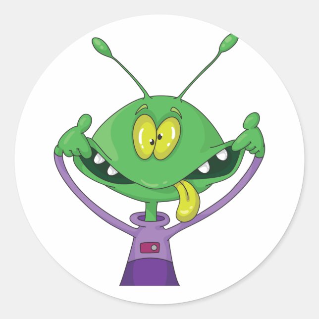 Sticker Rond Alien vert drôle faisant une grimace idiote (Devant)