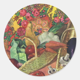 Sticker Rond Alimentation Biologique, Légumes de jardin, Fleurs