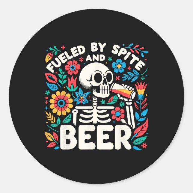 Sticker Rond Alimenté Par Spite Et Bière Halloween Squelette Fl (Devant)