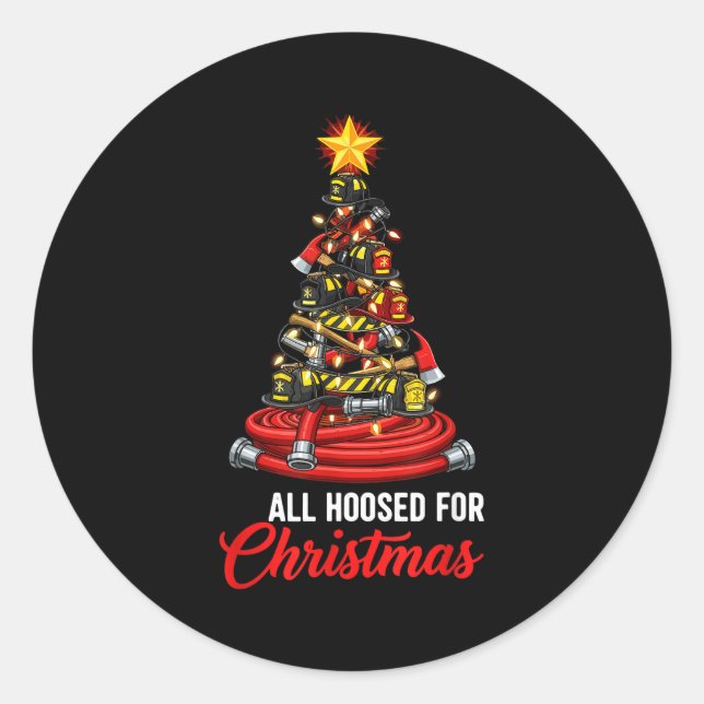 Sticker Rond All Hoosed Christmas Firefighter Tree Shirt, Firem (Devant)