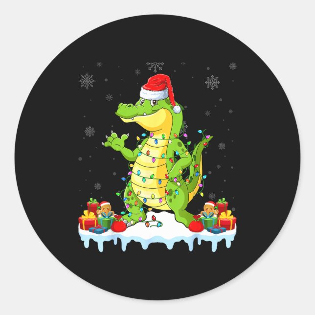 Sticker Rond Alligator Wearing Xmas Lights Santa Hat Alligator  (Devant)