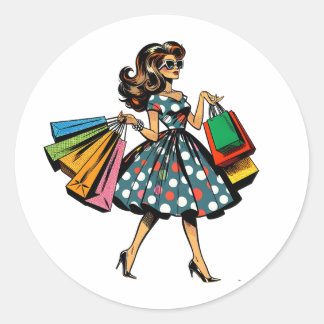 Sticker Rond Allons faire du shopping ! Femme amusante avec des