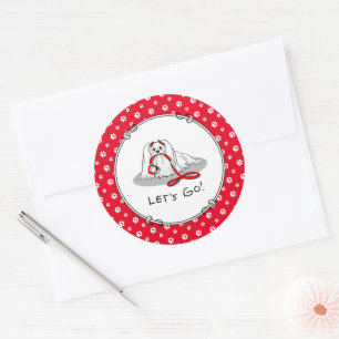 Sticker Rond Allons-y ! (à pied) Chien maltais avec Red Leash C