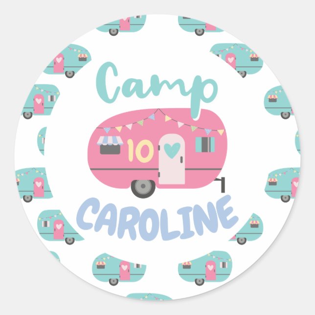 Sticker Rond Allons-y Glamping Girly Camp Nom fête d'anniversai (Devant)
