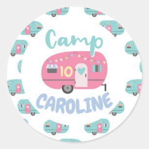 Sticker Rond Allons-y Glamping Girly Camp Nom fête d'anniversai