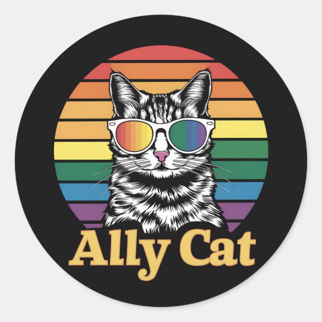 Sticker Rond Ally Cat LGBT Rainbow Flag LGBTQ Cadeau (Devant)