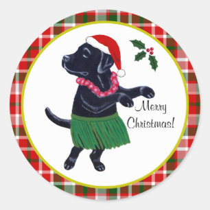 Sticker Rond Aloha Black Labrador Noël Santa Hat Tartan
