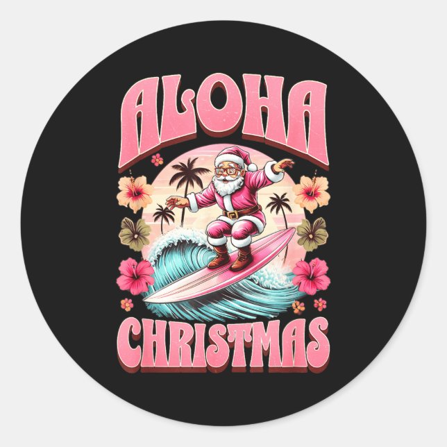Sticker Rond Aloha Christmas Santa Claus Surfing Hawaiian Mele  (Devant)