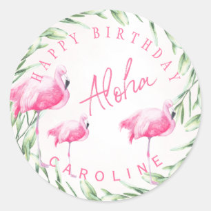 Sticker Rond Aloha flamants roses tropicale heureux anniversair