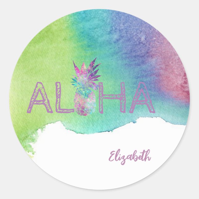 Sticker Rond Aloha Hawaiian Ananas, Aquarelle (Devant)