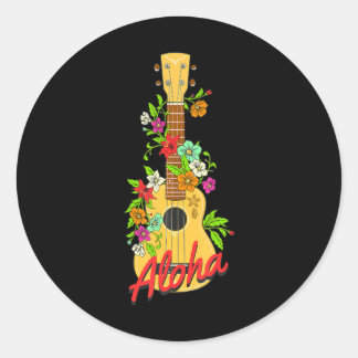 Sticker Rond Aloha Hawaiian Island Ukulele Fleurs Aloha